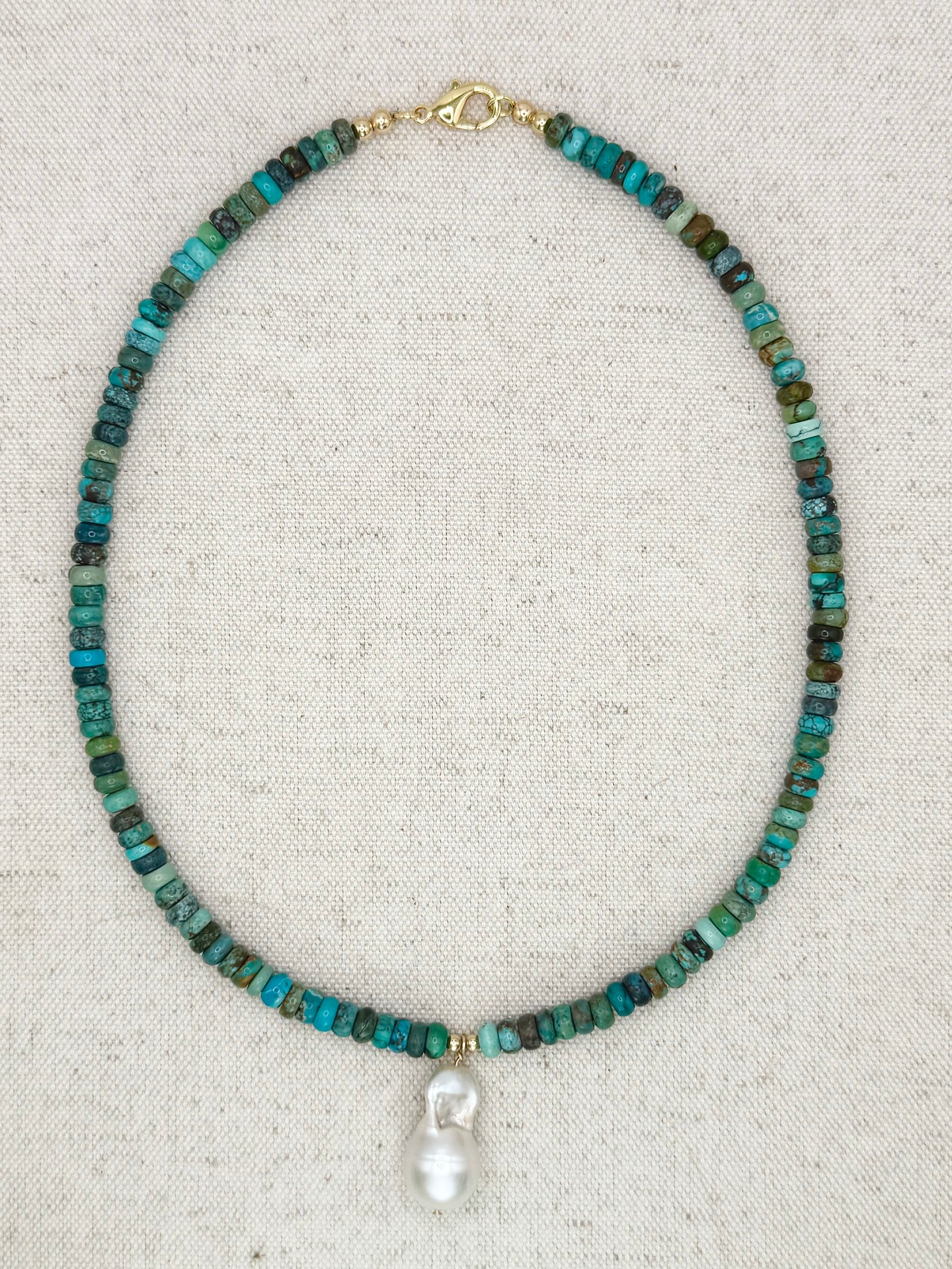 Green Turquoise Layering Necklace with Freshwater Pearl Pendent