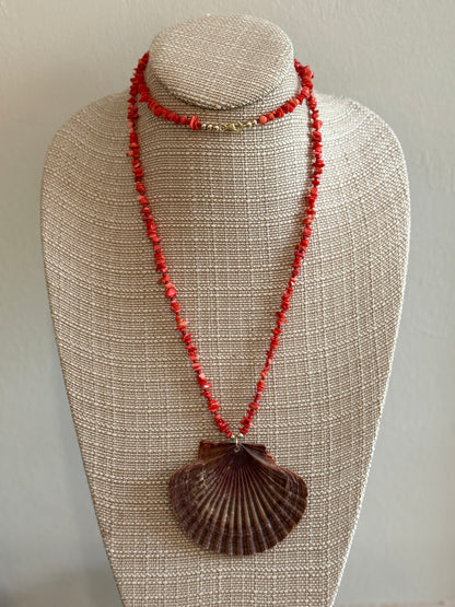 Coral Necklace with Large Natural Shell Pendent
