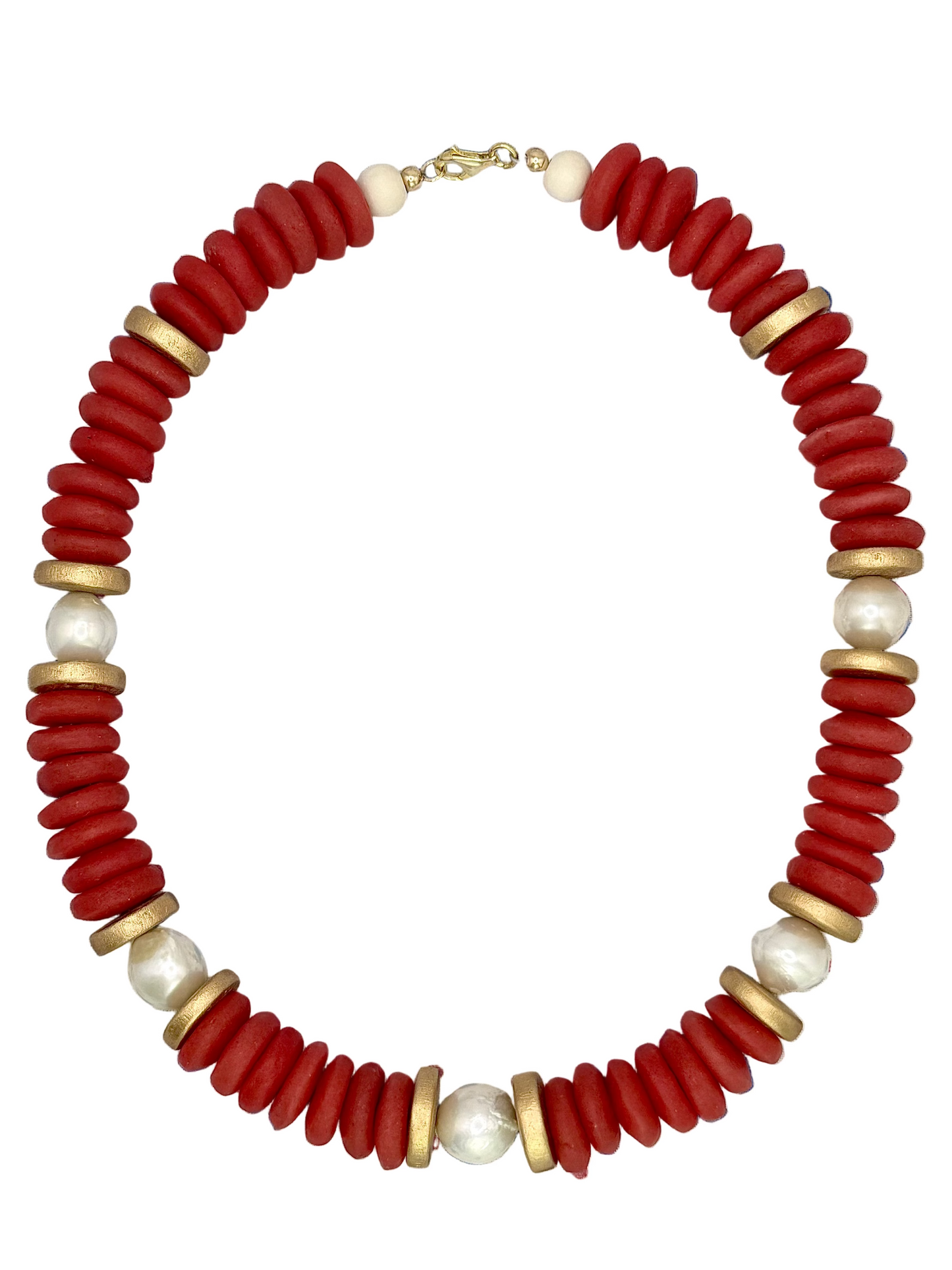 Necklace with red, gold, and pearl beads on a white background