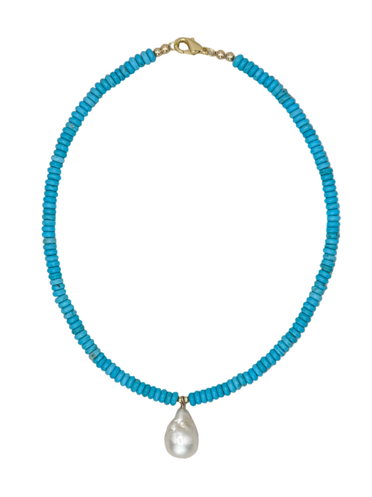 Blue Turquoise Layering Necklace with Freshwater Pearl Pendent