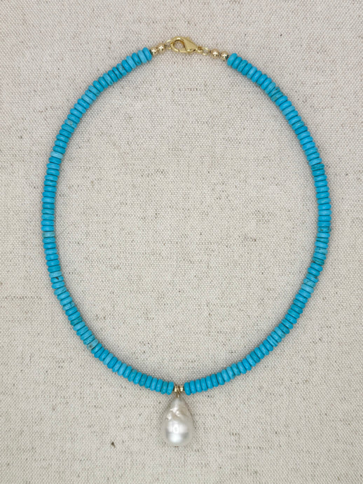 Blue Turquoise Layering Necklace with Freshwater Pearl Pendent