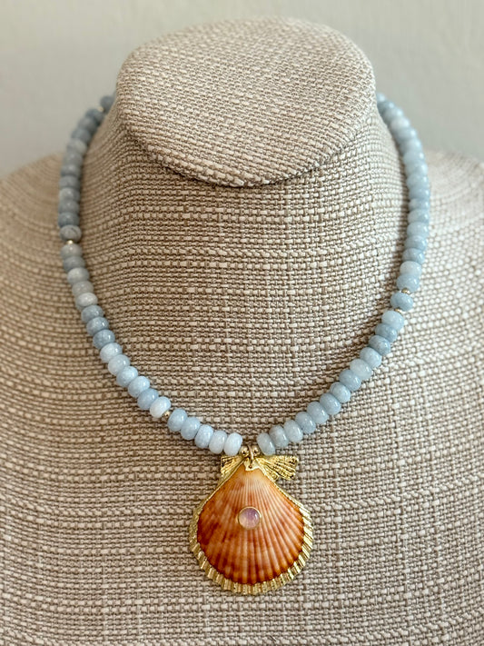 Sky Blue Layering Necklace with Gem Shell Pendent