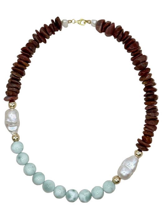 Necklace with brown beads, white pearls, and light blue beads on a white background