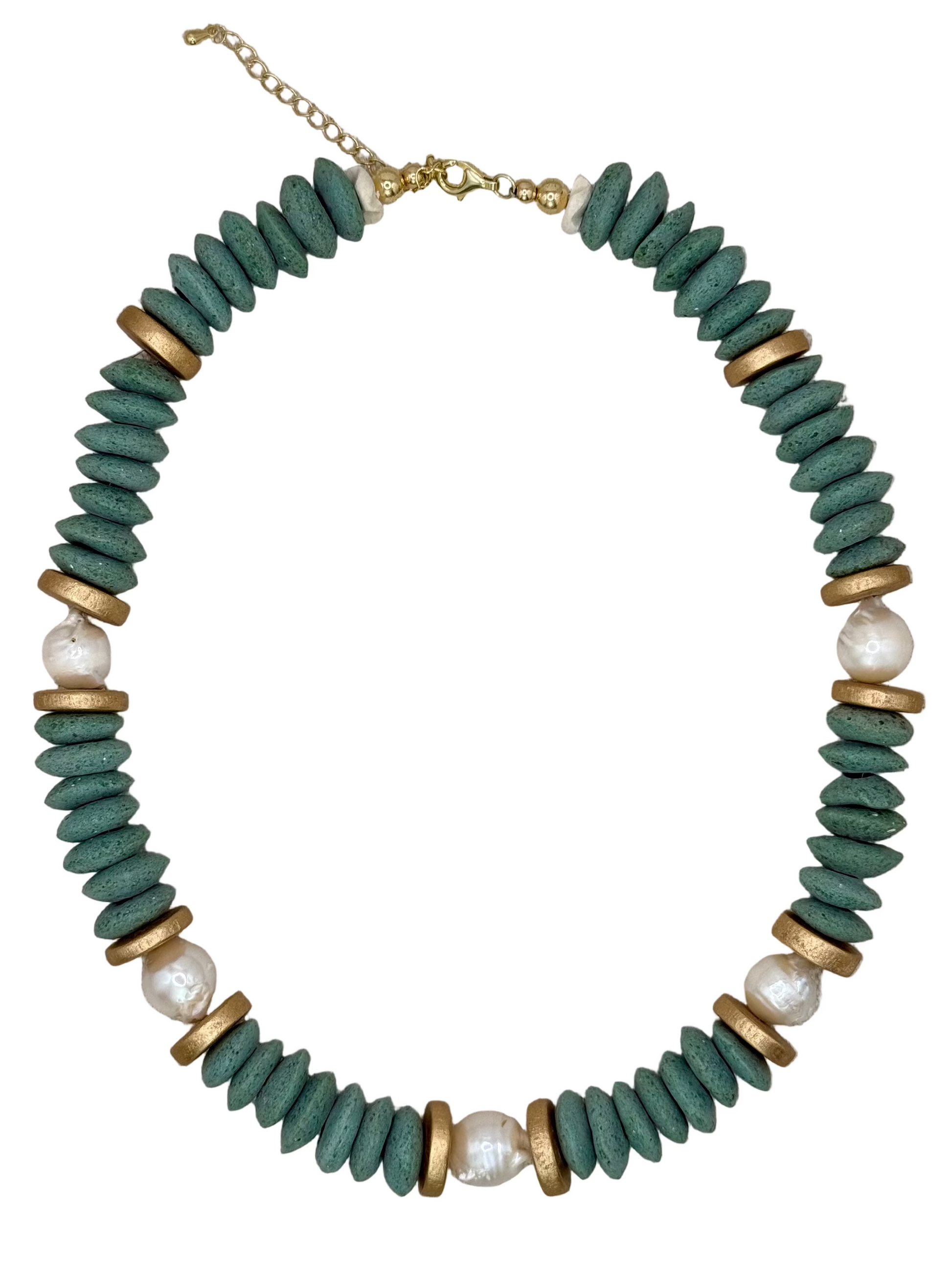Necklace with green beads, gold accents, and pearls on a white background