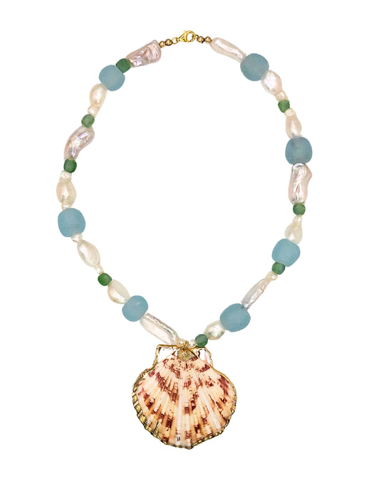 Siena Sea Glass & Freshwater Pearl Necklace with Scallop Shell Pendent Light Blue