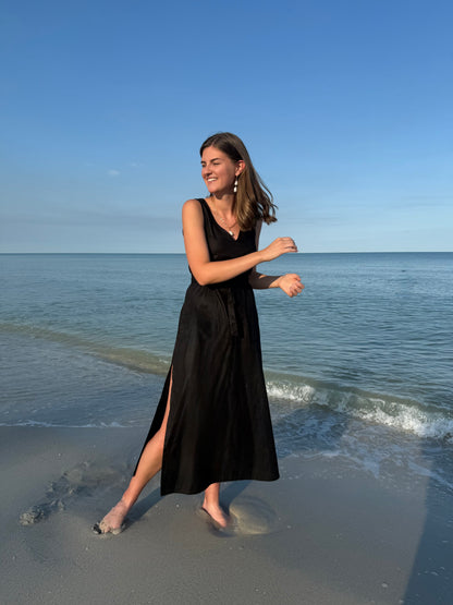 Black Linen Side-Slit Dress