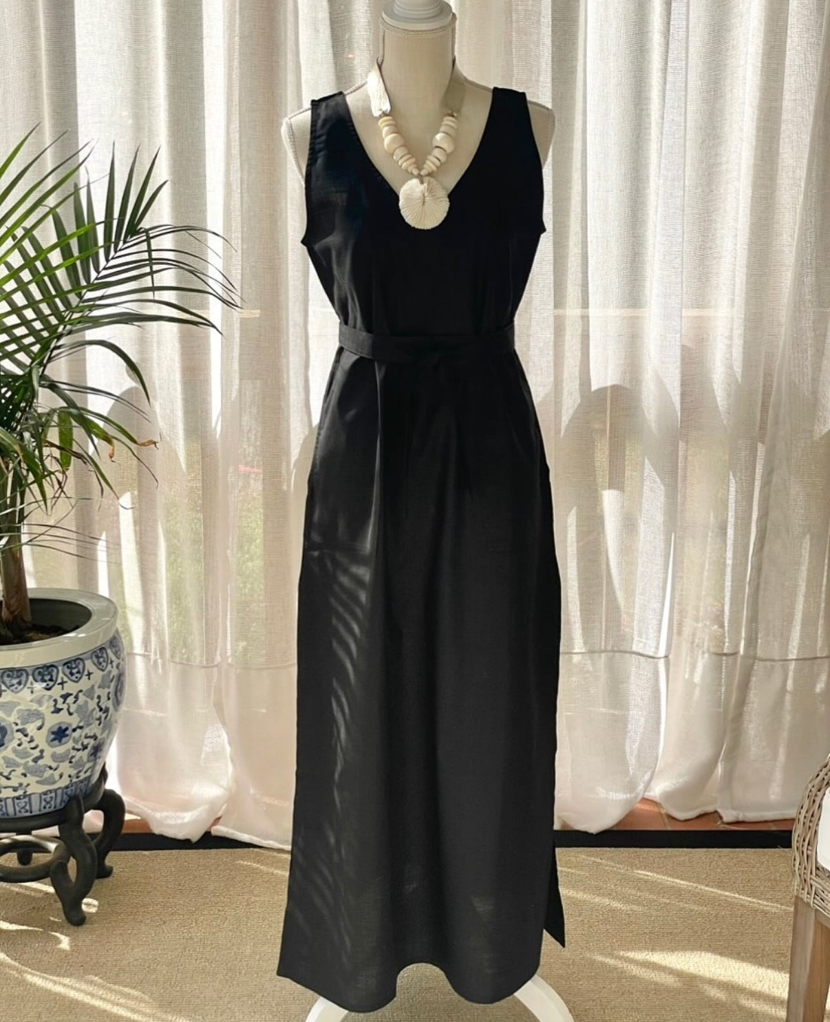 Black Linen Side-Slit Dress