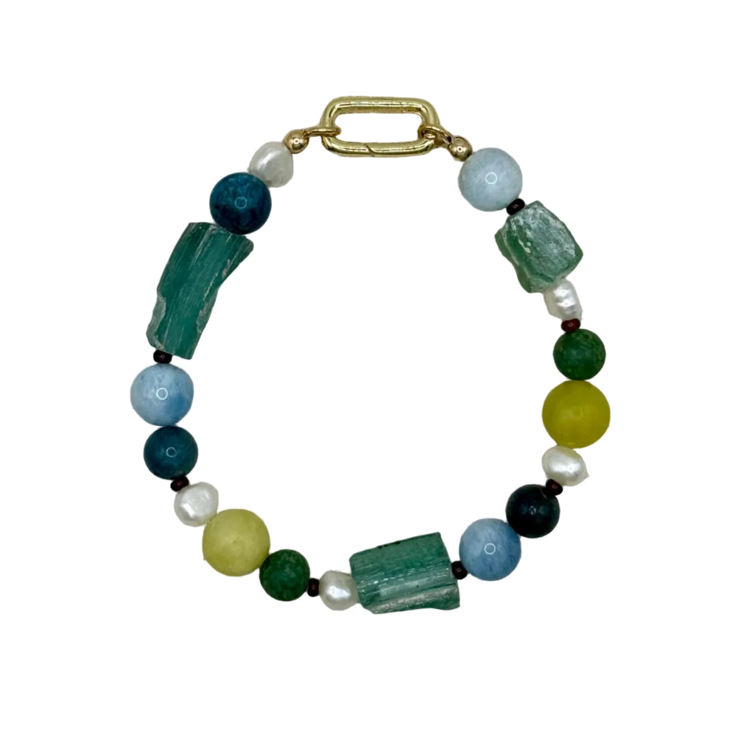 Beaded bracelet with green, blue, and yellow beads on a textured gray background