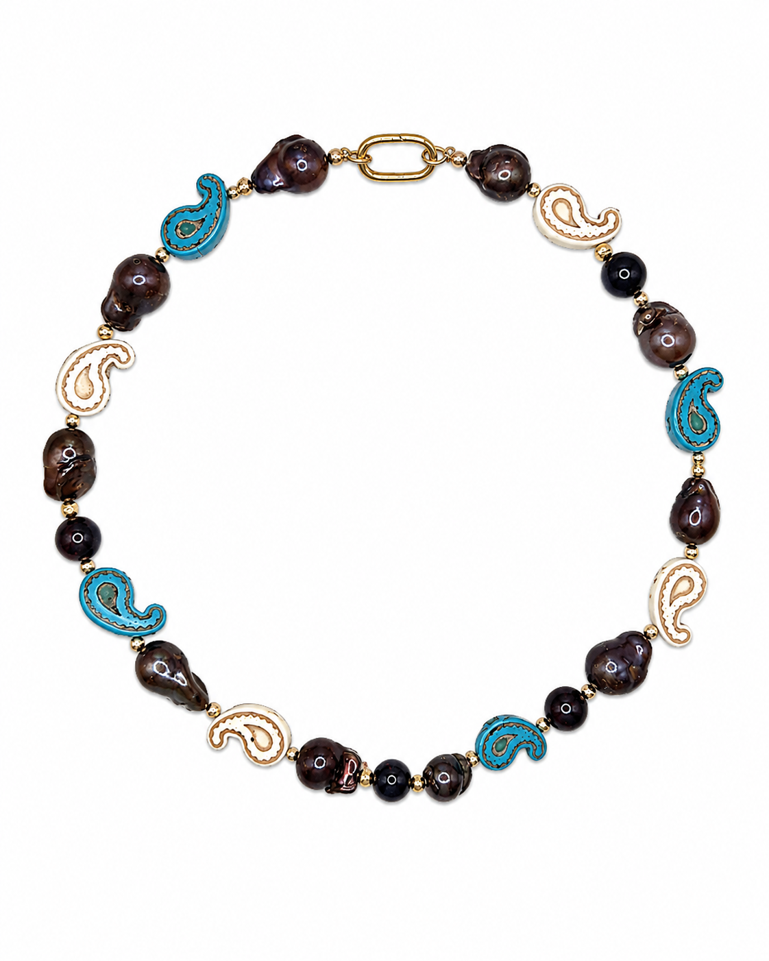 A beaded necklace featuring dark brown teardrop beads, turquoise blue paisley accents, and gold-tone swirl and clasp details, displayed on a clean white background.