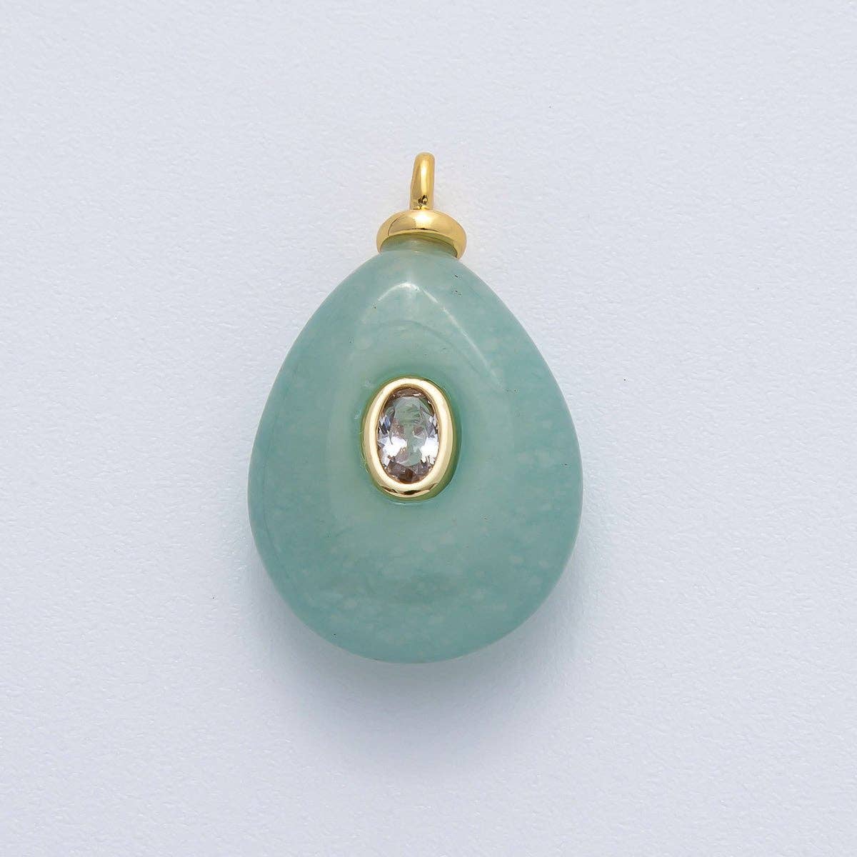 18K Gold Filled 25mm Clear CZ Oval Green Aventurine Teardrop Gemstone Charm | AF1447