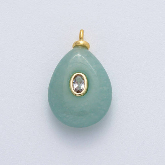 18K Gold Filled 25mm Clear CZ Oval Green Aventurine Teardrop Gemstone Charm | AF1447
