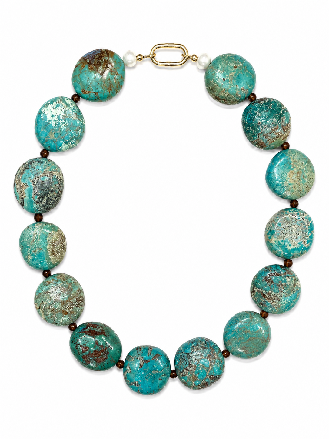 A beaded necklace featuring large, round turquoise-blue beads with a distressed, metallic gold and brown patina, separated by small dark brown beads and finished with a gold clasp and white pearl accents, shown on a plain white background.