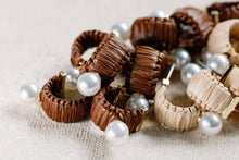 Load image into Gallery viewer, Mini Espresso Raffia and Pearl Huggie Hoop Earrings