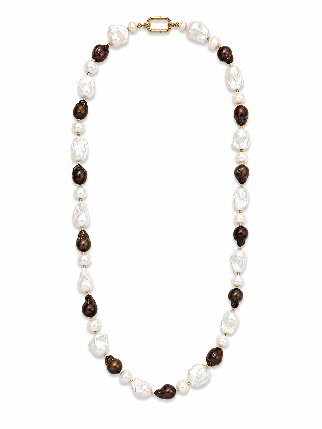 A woman wearing a long beaded necklace with irregular white, cream, and gray beads, paired with a brown sleeveless top, set against a softly blurred outdoor background.